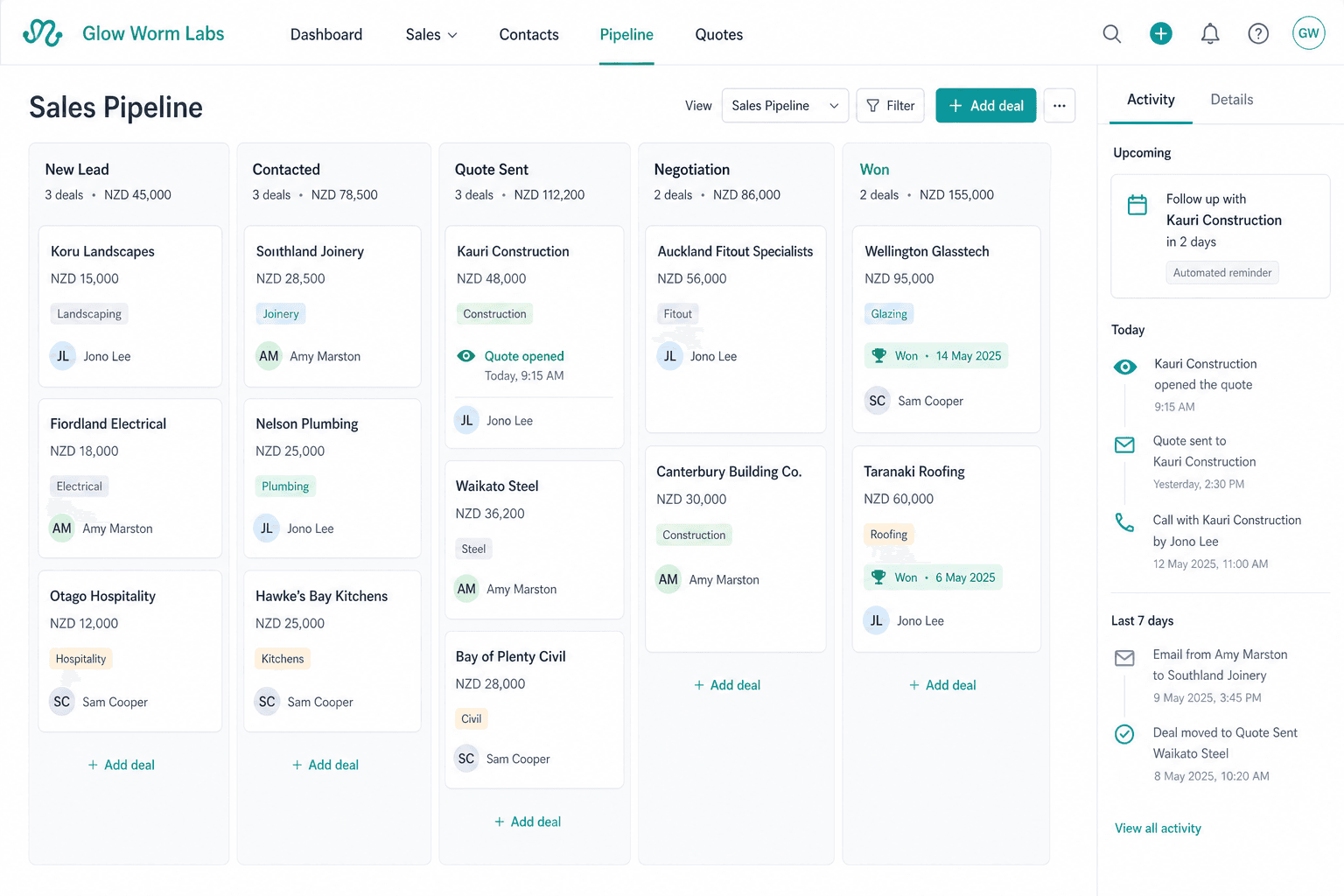 Glow Worm Labs CRM sales pipeline board with deal stages, quote-opened tracking and automated follow-up reminders