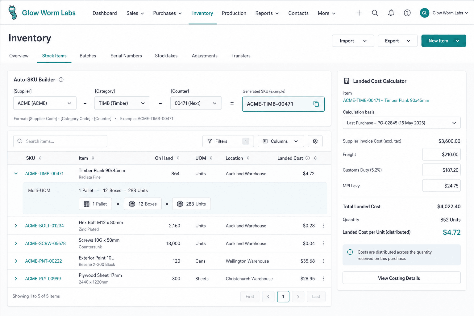 A configurable inventory workflow with an Auto-SKU builder and landed-cost calculator, customised to a business
