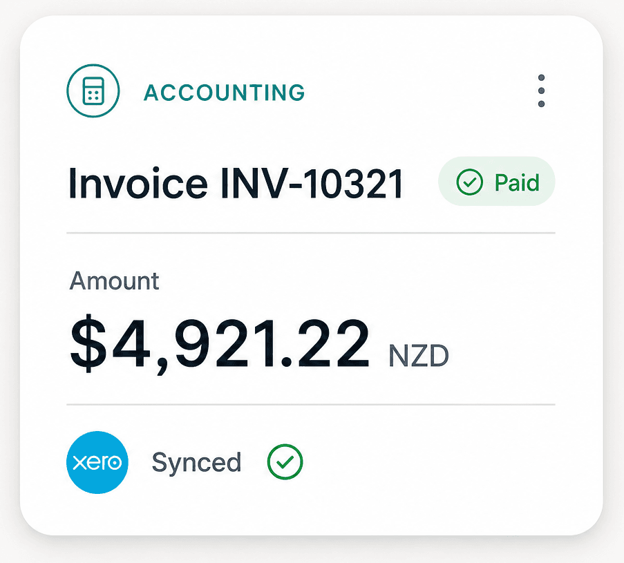 Accounting card showing a paid invoice synced with Xero