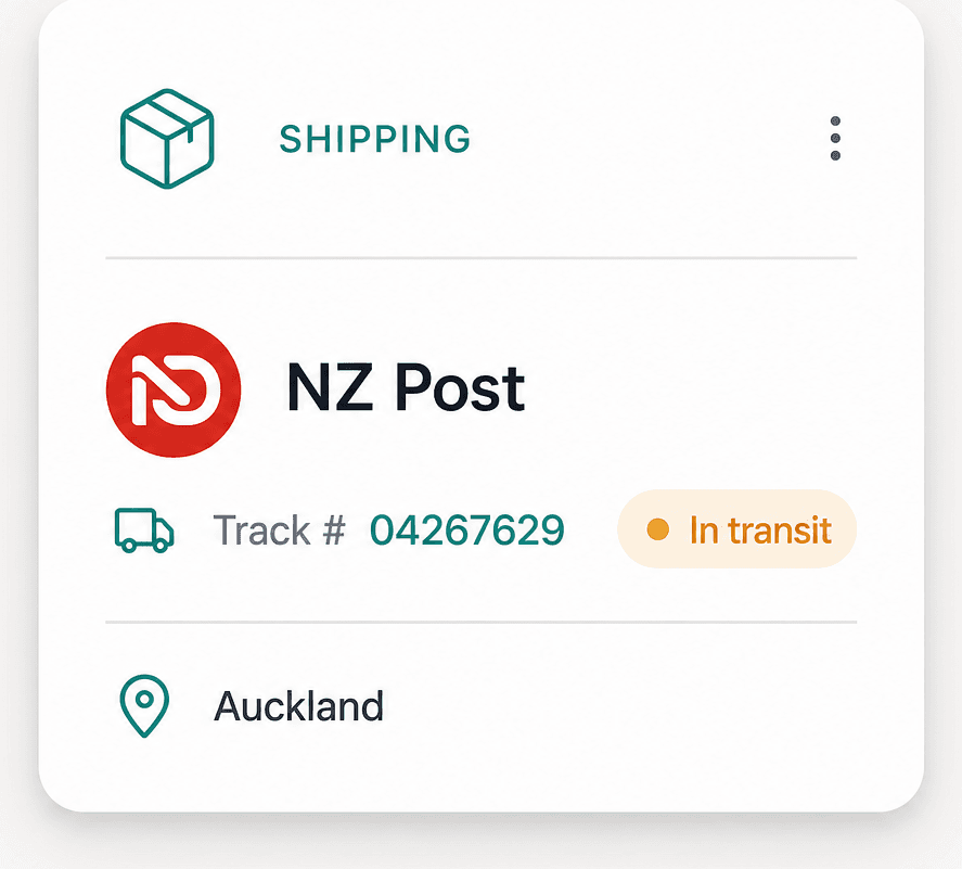 Shipping card showing an NZ Post parcel in transit